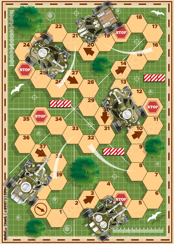 Board game with a military theme. View from above. Vector illustration.