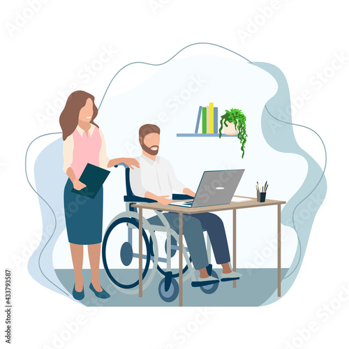 Disabled man in a wheelchair works at a laptop in the office. Rehabilitation and adaptation of people with disabilities vector illustration for card, flyer or poster.