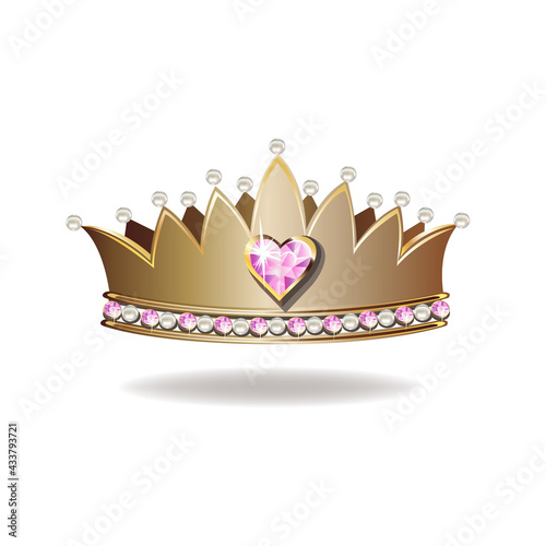 Princess crown or tiara with pearls and pink gems in the shape of a heart vector illustration isolated on white background.