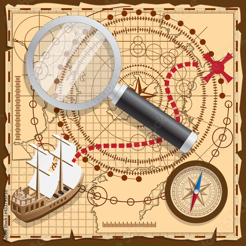 Pirate map with the route to the treasures. Vector illustration.