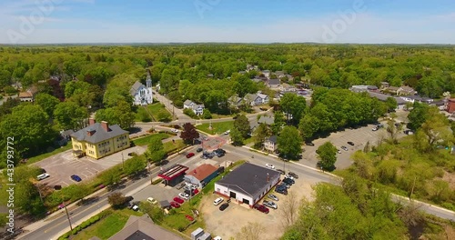 Georgetown historic center aerial view including First Congregational Church on Central Street in summer in town of Georgetown, Massachusetts MA, USA. 