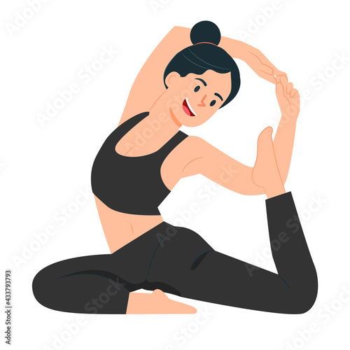 Asian woman, doing yoga at home, illustration concept.