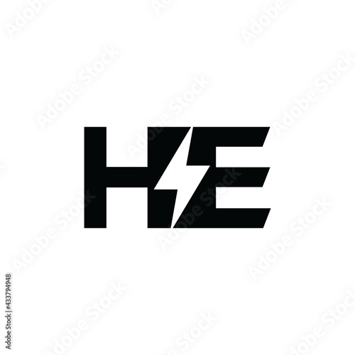 letter HE and bolt or flash logo