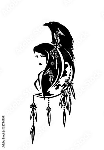 beautiful shaman woman, crescent moon, feathered decor and raven bird - tribal spirit animal concept black and white vector design