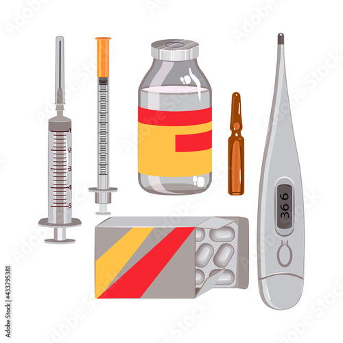 Medical set of insulin and conventional syringes, packaging with pills in a blister, a bottle with a solution, an ampoule and an electronic thermometer. Vector  flat elements isolated on white. 