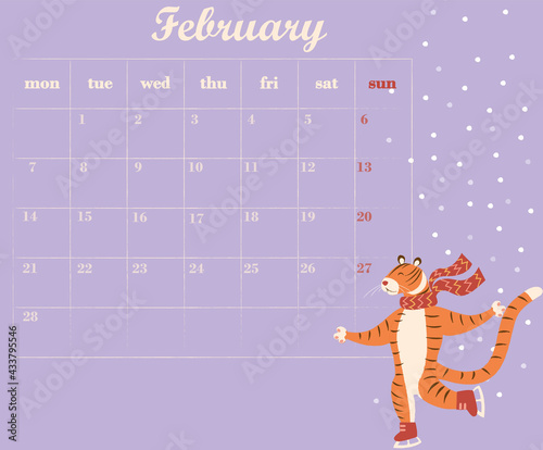 Multicolored February 2022 Monthly Planner with illustration of a cute tiger wearing a scarf ice skating under snow flakes. A table with a calendar for January 2022 and a place to take notes. Vector i