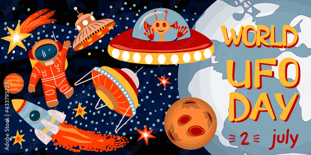 Fototapeta premium World UFO Day banner or poster with flying saucers, alien, comet, stars,astronaut,planet and rocket.Flat cartoon style decorative elements on the space theme with text.Vector template for design.