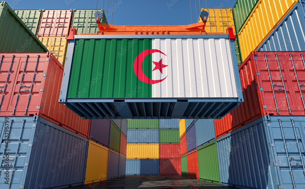Container Terminal. Shipping Container with Algeria flag - 3D Rendering Container Terminal. Shipping Container with Algeria flag - 3D Rendering