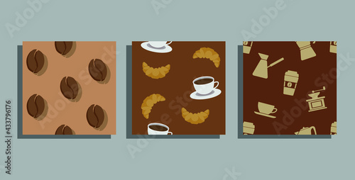 Set of coffee patterns. Coffee background.