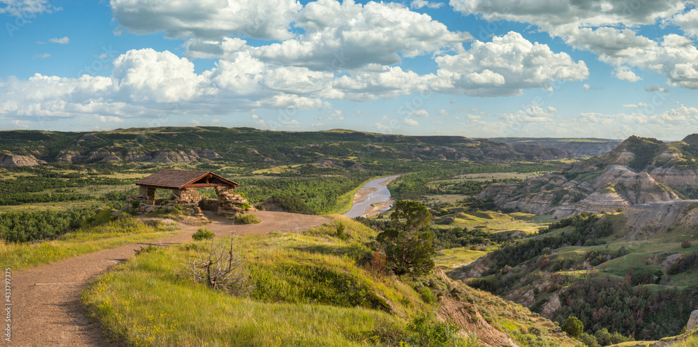 River Bend Overlook shelter in the Theodore Roosevelt National Park - North Unit on the Little Missouri River - North Dakota Badlands