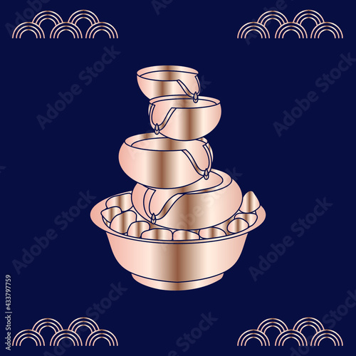 Fountain. Feng shui postcard. The element of water. The symbol of Chinese culture. Gold silhouette on a blue background.