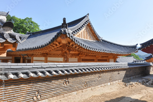 Traditional buildings and wall at Haeinsa Temple, Mount Gaya, Gayasan National Park, South Korea.