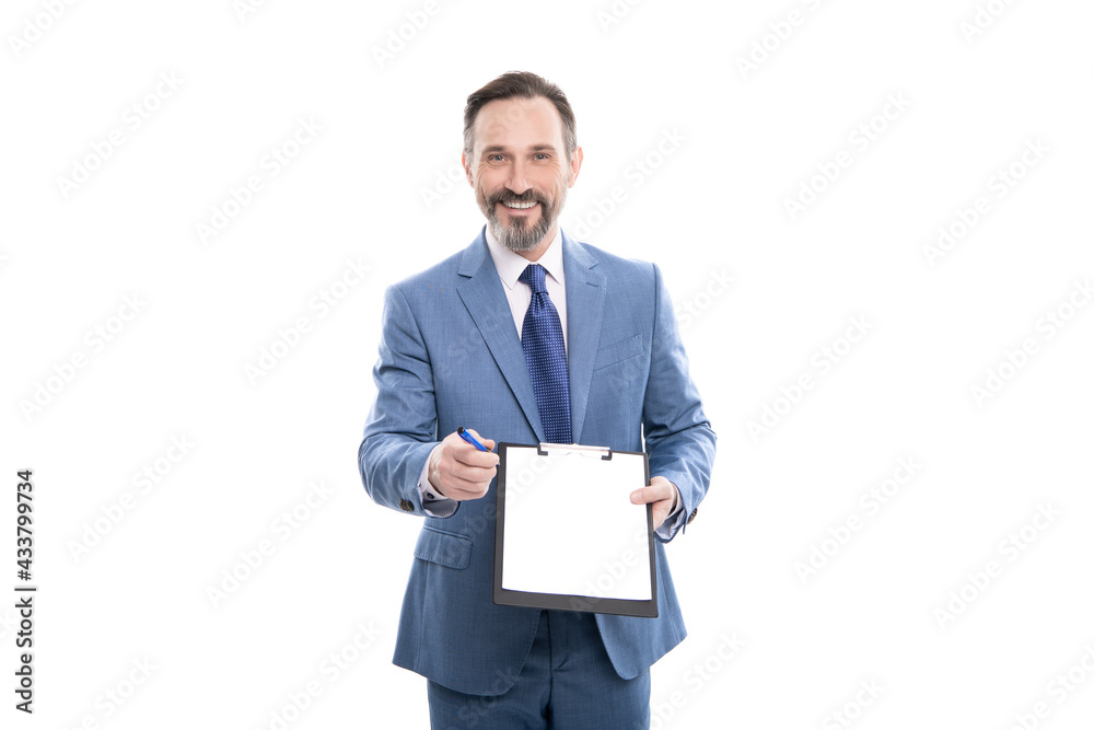 happy mature realtor in suit offering to sign contract folder documents isolated on white, contract. happy mature realtor in suit offering to sign contract folder documents isolated on white, contract.