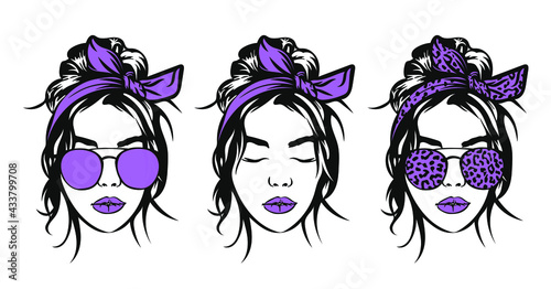 Girl with messy bun and bandana, Leopard glasses, Girl face