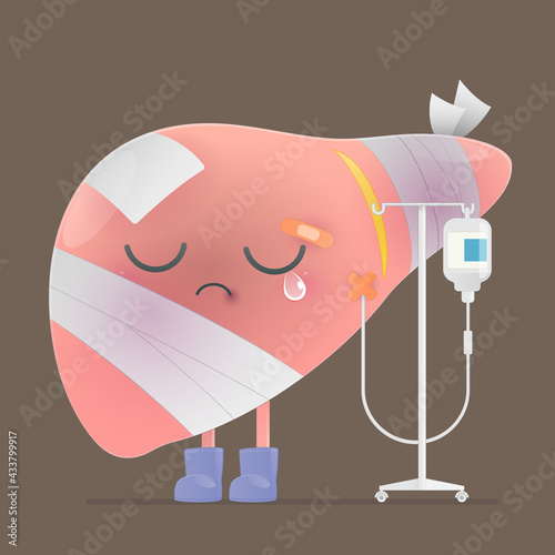 Cartoon liver disease and saline solution on body on a brown background. Hepatitis Illustration. Liver failure. Vector design photo