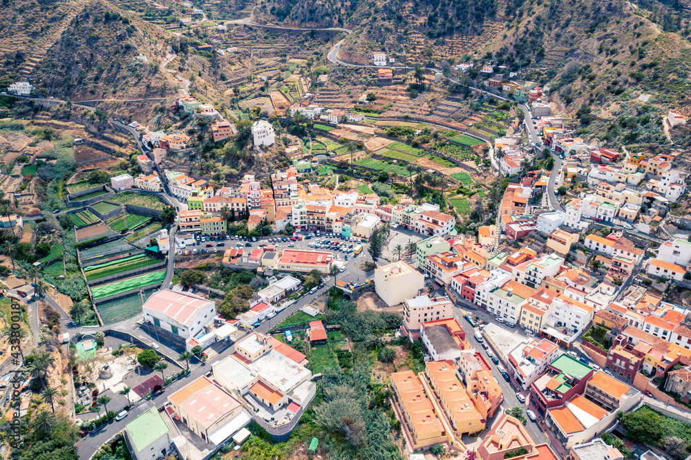 La Gomera - Roque El Cano and town Vallehermoso from above. La Gomera, Canary Islands.