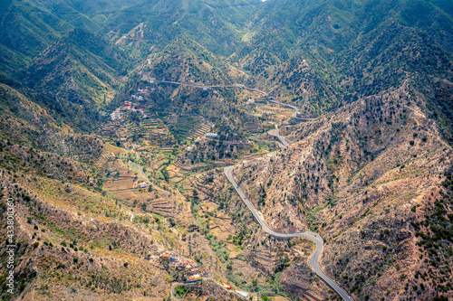 La Gomera - Roque El Cano and town Vallehermoso from above. La Gomera, Canary Islands.