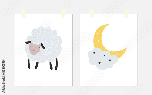 A set of posters with a cute sheep, a moon and a cloud on a white background. Vector illustration for printing on fabric, packaging paper, postcard, poster. Cute baby background for kids room