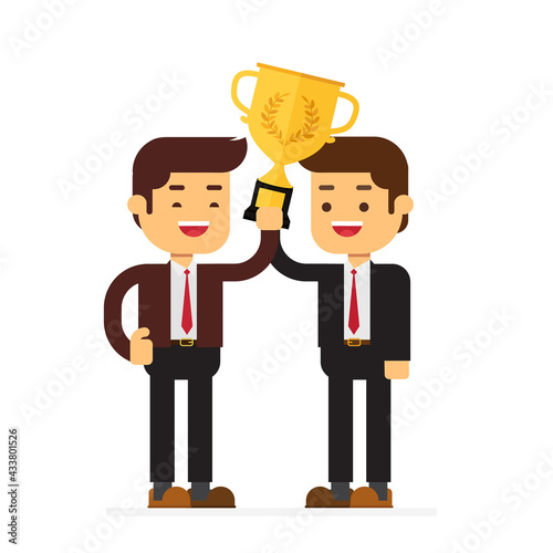 Two businessman holding winning trophy