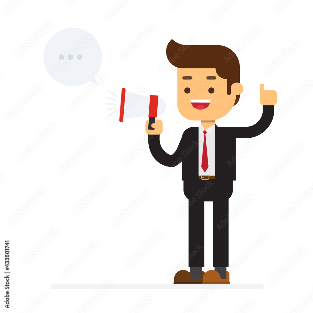 Happy businessman talking into megaphone Happy businessman talking into megaphone