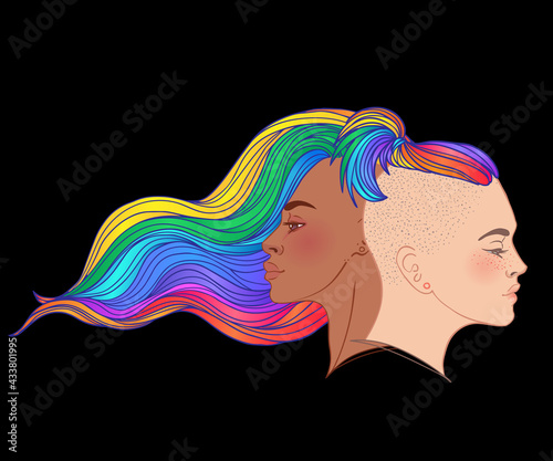 Lesbian couple with rainbow hair. Non binary. Pride month. LGBTQ concept. Isolated vector colorful illustration. Sticker, patch, t-shirt print, logo design.