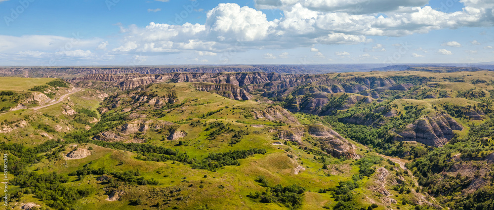 Beautiful aerial views approaching the Theodore Roosevelt National Park area - North Unit - North Dakota Badlands  -  Highway 85