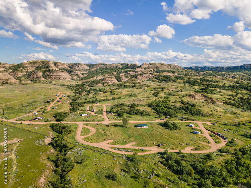 CCC Campground next to the Theodore Roosevelt National Park - North Unit on the Little Missouri River - North Dakota Badlands