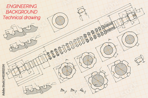 Mechanical engineering drawings on blue background. Broach. Technical Design. Cover. Blueprint. Vector illustration.