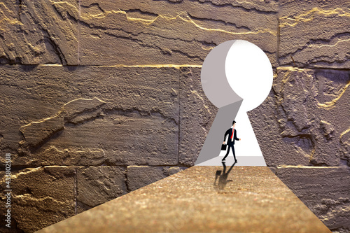 Businessman exit. Solution to business problem concept. running to go goal. The photograph is prepared using image processing software. It consists of 8 layers