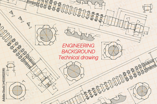 Mechanical engineering drawings on blue background. Broach. Technical Design. Cover. Blueprint. Vector illustration.