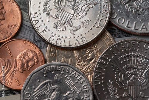 Half Dollar and Dollar Coins from USA, United States of America. US Dollars, Cash Money closeup