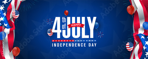 USA 4th of July modern colorful lettering design on navy blue color background with USA flag-waving, firework burst & balloon. Use for sale banner, discount banner, Advertisement banner, postcard, etc