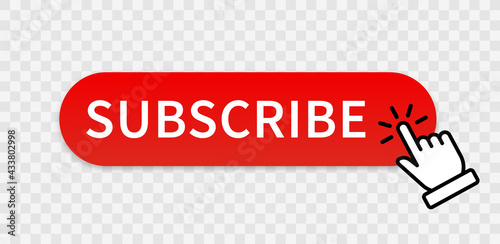 Subscribe button with hand click icon. Click button. Social media sign. Red play icon isolated on transparent background. Vector illustration.