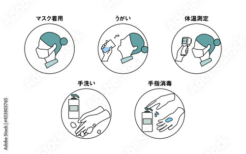 感染症対策アイコンセット　マスク着用、うがい、体温測定、手洗い、手指消毒