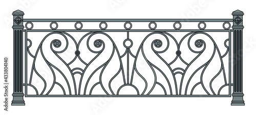 Iron railings for the city. Forging design. Blacksmithing. Metal work. Balcony. Handrails. Elements of architecture. Wrought iron fence. Isolated. White background. Template for design. Vector.