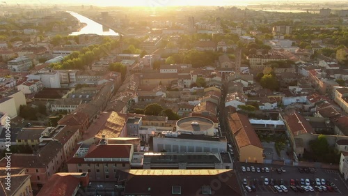 ravenna historic city centre aerial view at sunrise drone flying over downtown at dawn photo