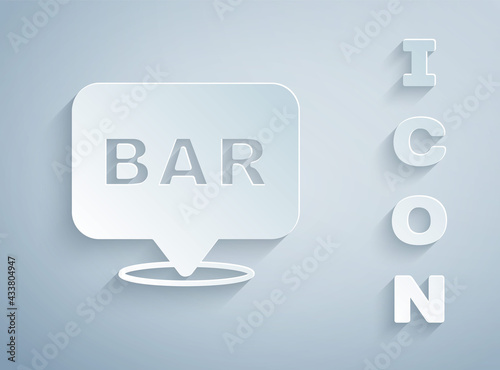 Paper cut Alcohol or beer bar location icon isolated on grey background. Symbol of drinking, pub, club, bar. Paper art style. Vector