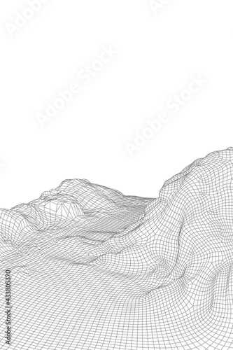 Abstract vector wireframe landscape background. 3D futuristic mesh mountains. 80s Retro illustration. Cyberspace technology valleys.
