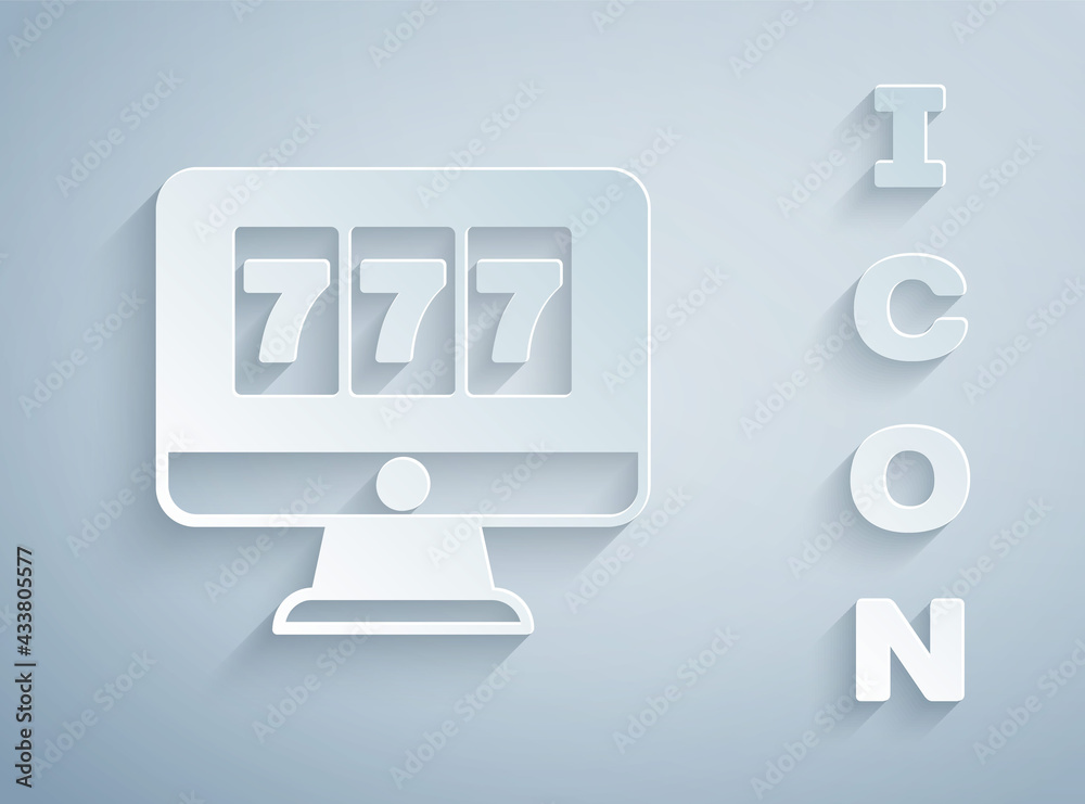 Paper cut Online slot machine with lucky sevens jackpot icon isolated on grey background. Online casino. Paper art style. Vector Paper cut Online slot machine with lucky sevens jackpot icon isolated on grey background. Online casino. Paper art style. Vector
