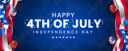 Celebrating 4th of July independence day modern contemporary design with confetti on navy blue color background with USA flag-waving, firework burst & balloon. 