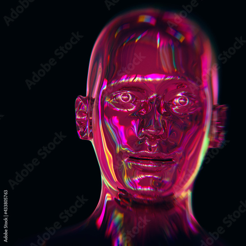 3d illustration of iron head man stylized portrait polished colorful