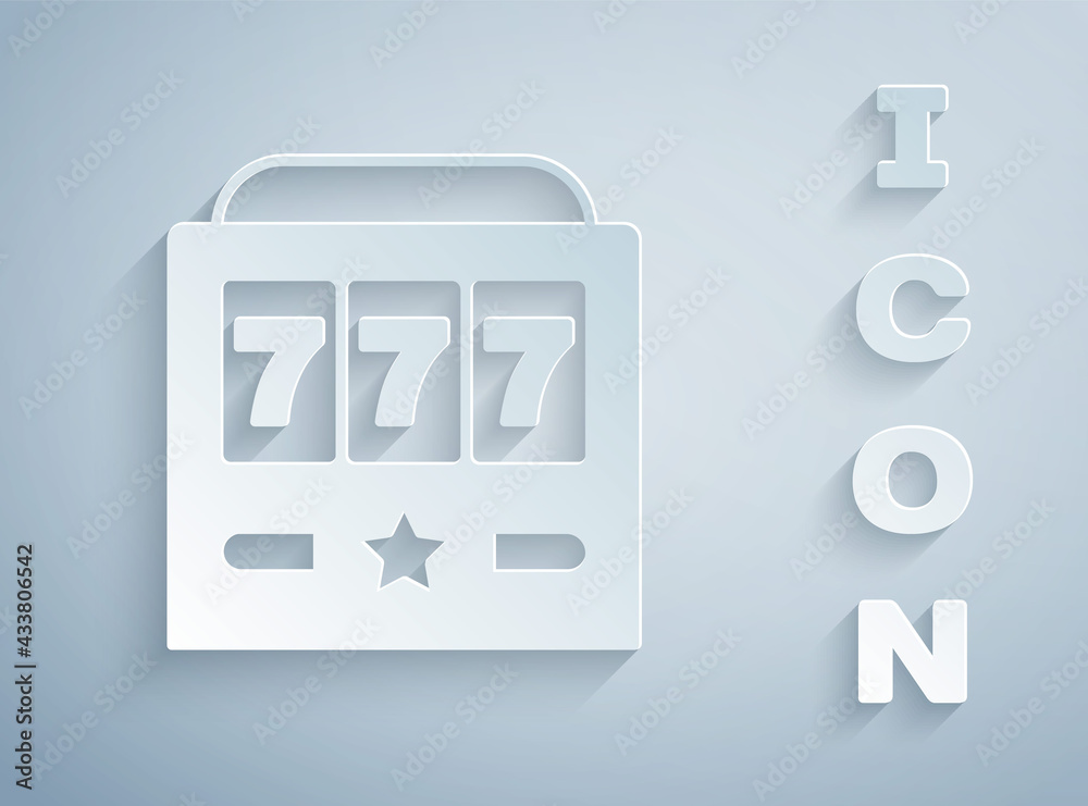 Paper cut Slot machine with lucky sevens jackpot icon isolated on grey background. Paper art style. Vector Paper cut Slot machine with lucky sevens jackpot icon isolated on grey background. Paper art style. Vector