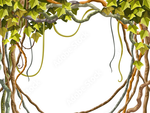 Ivy frames, wreath, seamless border. Liana branches and tropical leaves. Set game cartoon elements of creeper jungle. Isolated vector illustration on white background.