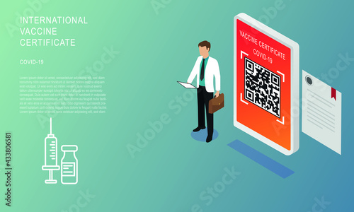 smartphone concept immunized health passport. shows immunity result on mobile screen. Vaccine passport for flying abroad. Coronavirus Vaccination or vaccination digital tracker.
