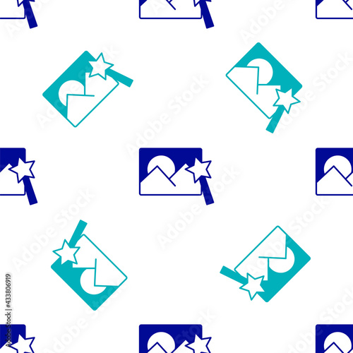 Blue Photo retouching icon isolated seamless pattern on white background. Photographer, photography, retouch icon. Vector