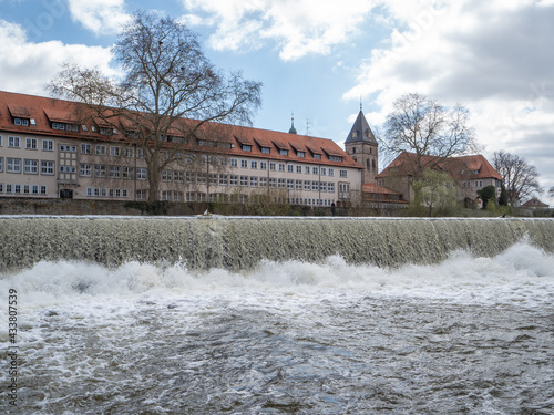 Waterfall on river Weser in city Hamelin in Germany