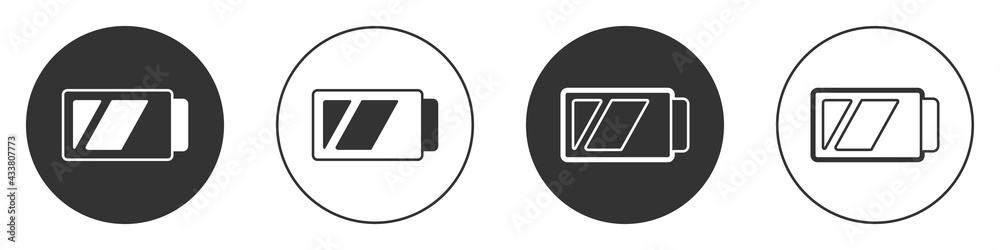 Black Battery for camera icon isolated on white background. Lightning bolt symbol. Circle button. Vector Black Battery for camera icon isolated on white background. Lightning bolt symbol. Circle button. Vector
