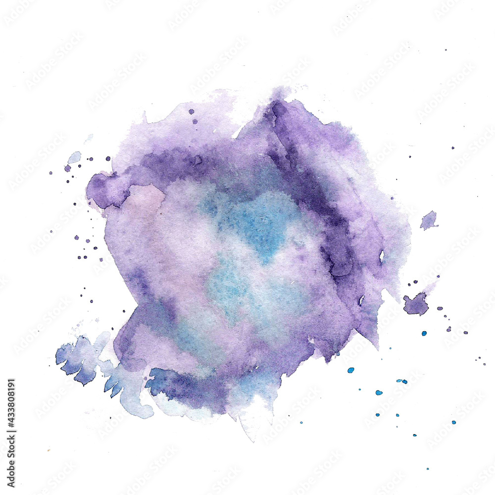 Fototapeta premium Watercolor violet blue splot, bolb blur isolated on white. 