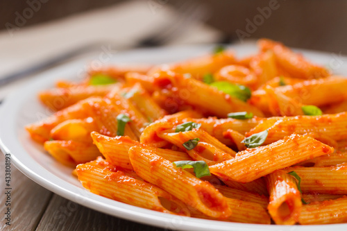 Pasta with Tomato Sauce on a plate. High quality photo.