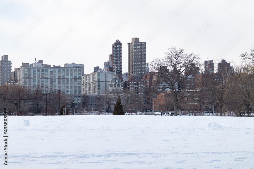 Fototapeta premium Rainey Park Field in Astoria Queens Covered in Snow during Winter with the New York City Skyline